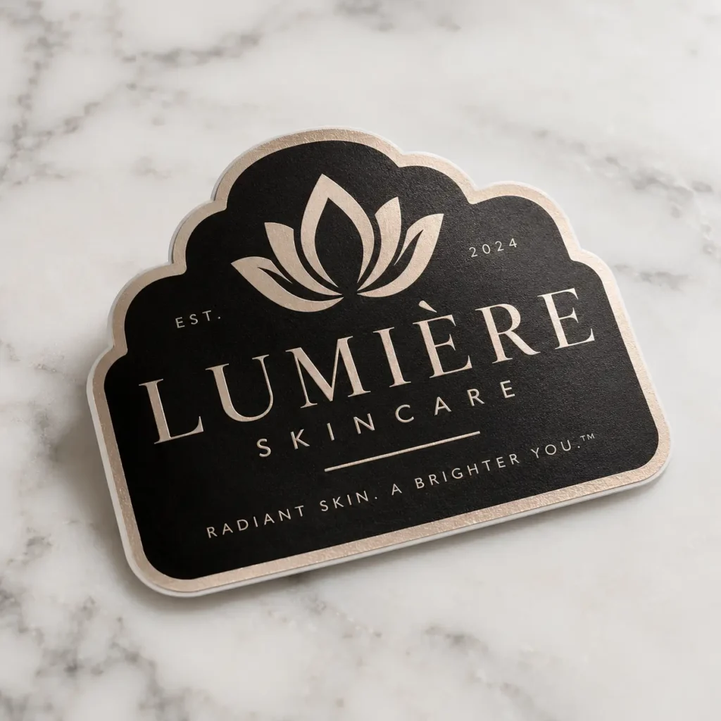 Lumière Skincare black gold luxury sticker label with lotus flower, EST. 2024, marble background, elegant branding packaging design