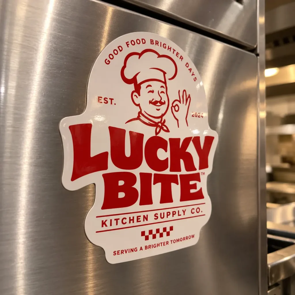 Red and white Lucky Bite Kitchen Supply Co. sticker magnet on stainless steel commercial refrigerator, retro chef logo, EST. 2024