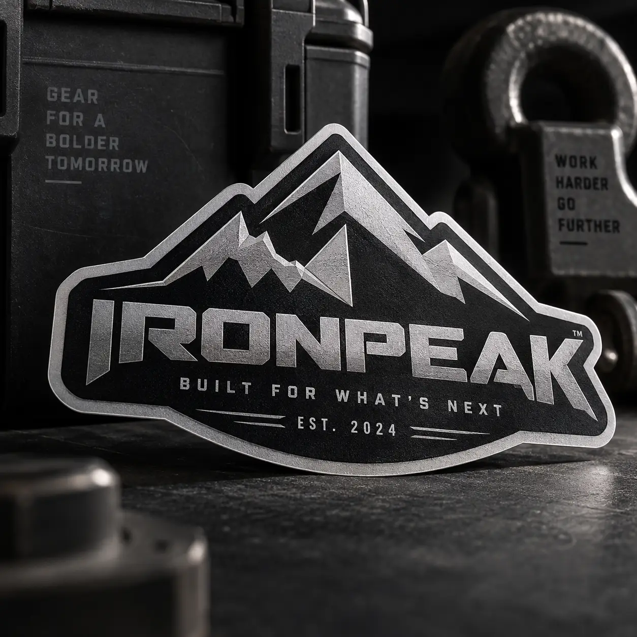 Black and silver IronPeak brand sticker with mountain logo on dark surface, EST. 2024, custom die-cut product packaging design