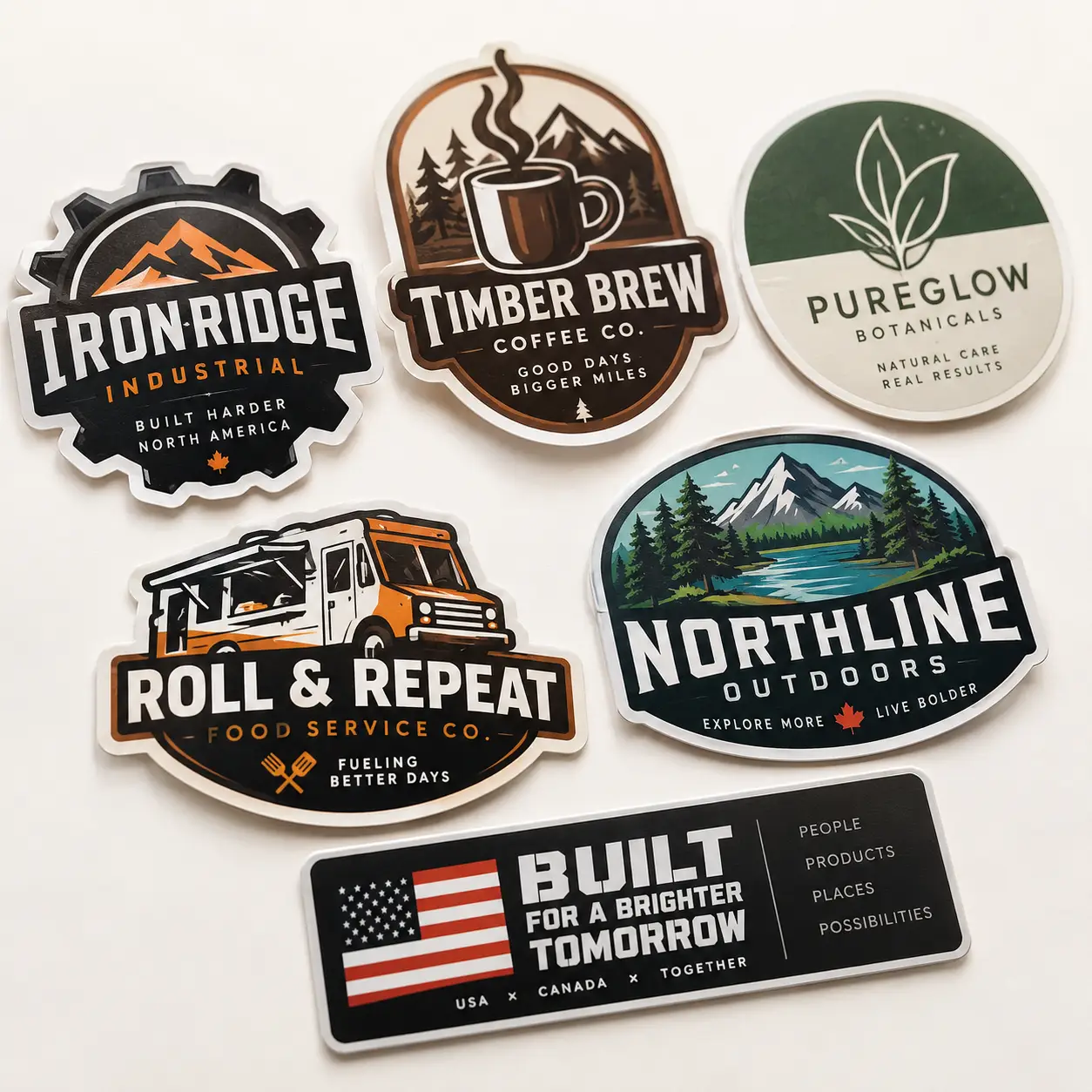Six custom die-cut stickers featuring bold brand logos in orange, black, green, and brown printed by The Packaging Masters