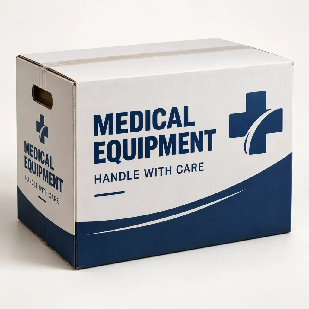 White and navy blue medical equipment cardboard shipping box with handle with care label and cross symbol