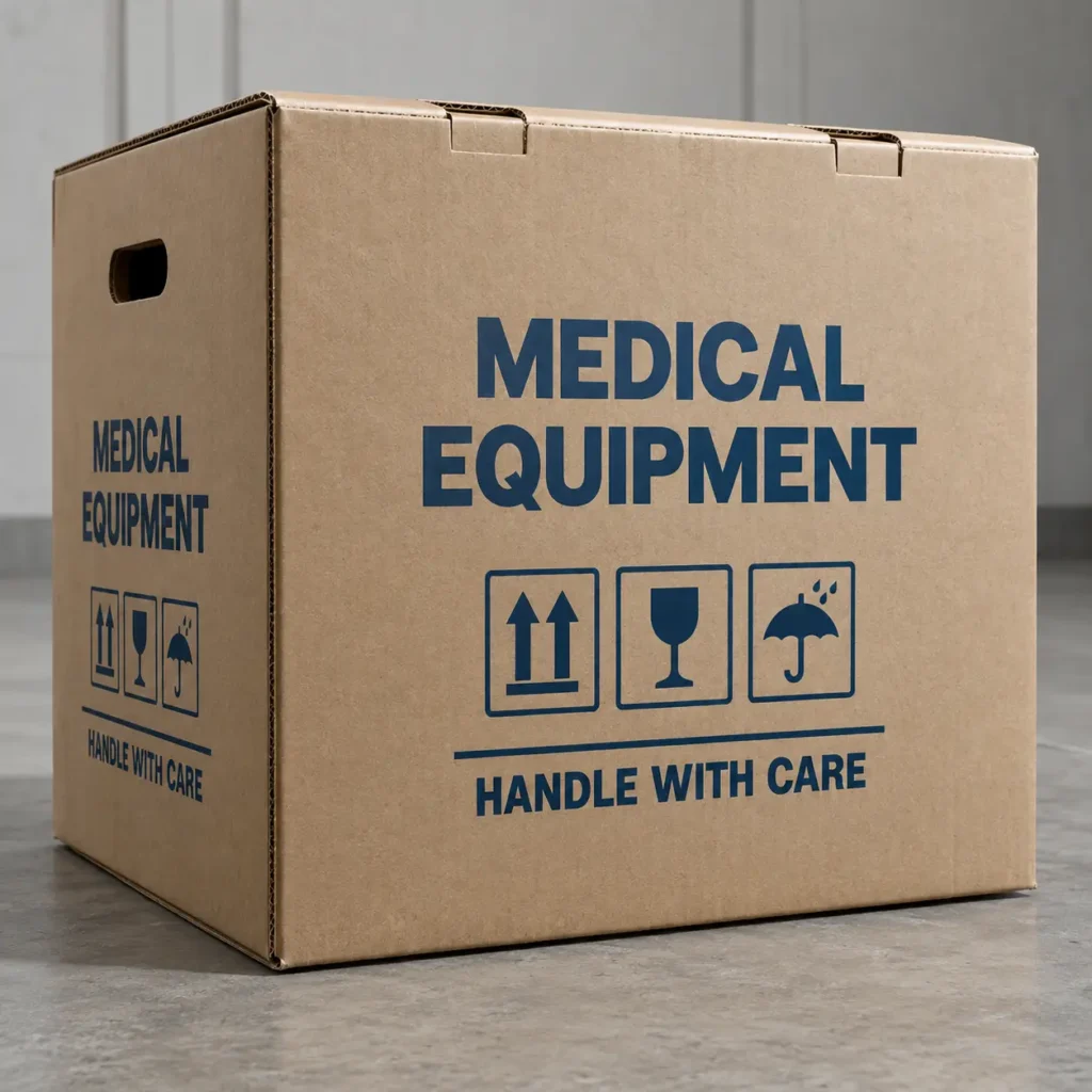 Brown corrugated medical equipment shipping box with blue HANDLE WITH CARE text and fragile symbols on concrete floor