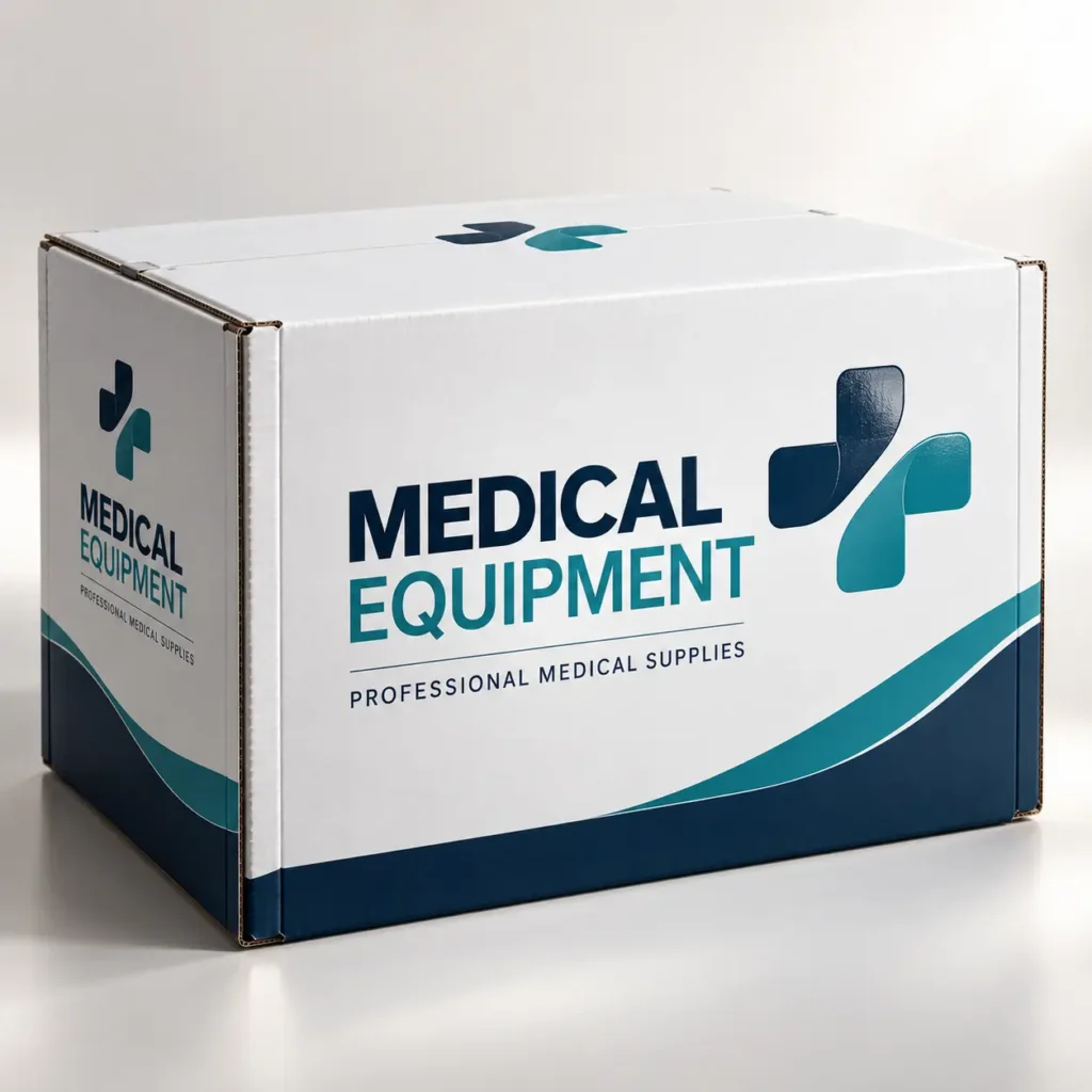 White corrugated medical equipment box with navy blue teal cross logo and wave design for professional medical supplies packaging