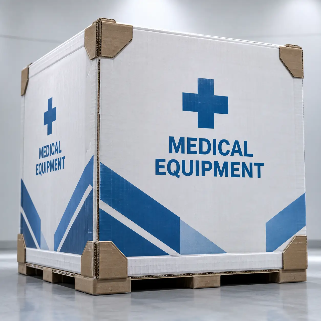 Large white corrugated cardboard box printed with blue medical cross and MEDICAL EQUIPMENT text, sitting on wooden pallet in clean facility