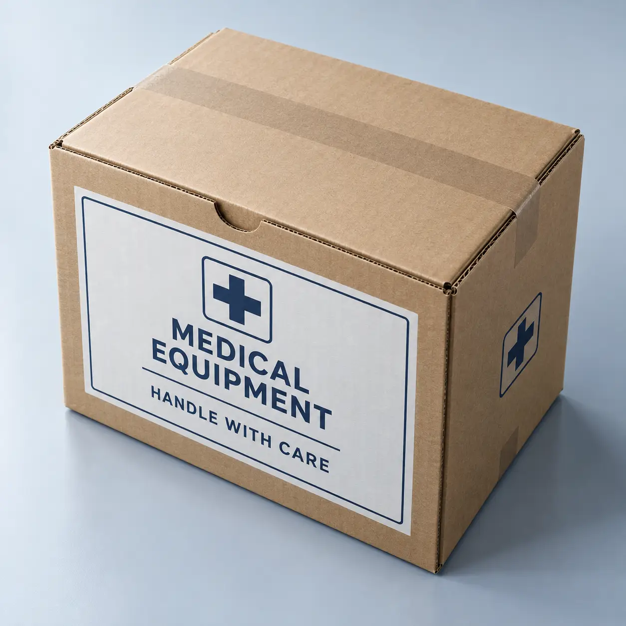Corrugated cardboard medical equipment box with blue cross symbol and Handle With Care label on gray background