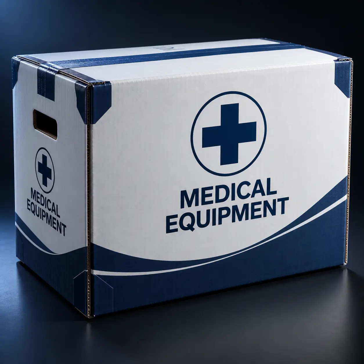 White and navy blue medical equipment cardboard shipping box with cross symbol, professional healthcare packaging design
