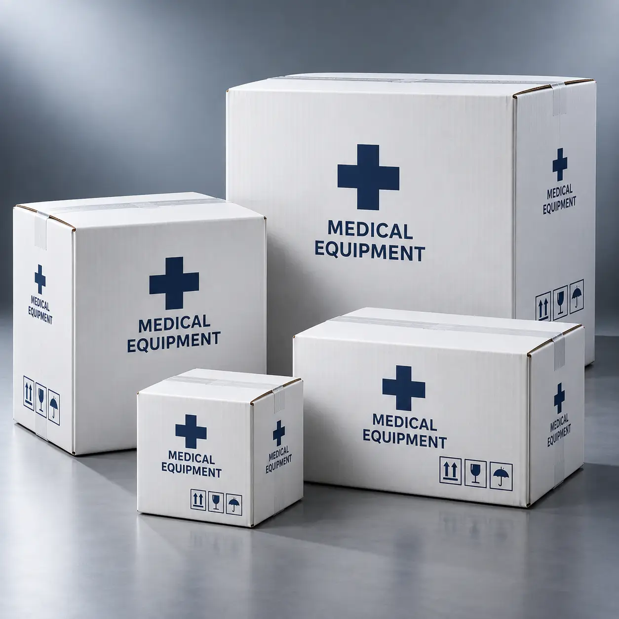 White medical equipment shipping boxes in multiple sizes with blue cross symbols and handling icons, professional packaging solutions