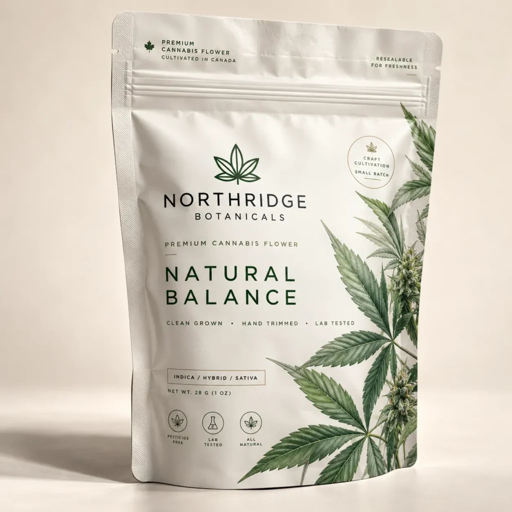White cannabis flower packaging bag for Northridge Botanicals Natural Balance, 28g, craft cultivated, pesticide-free, lab tested