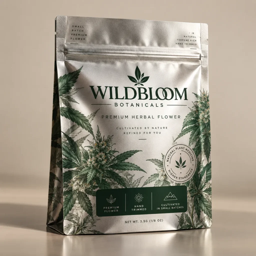 Silver mylar pouch cannabis flower packaging for Wildbloom Botanicals premium herbal flower 3.5g, green botanical print design