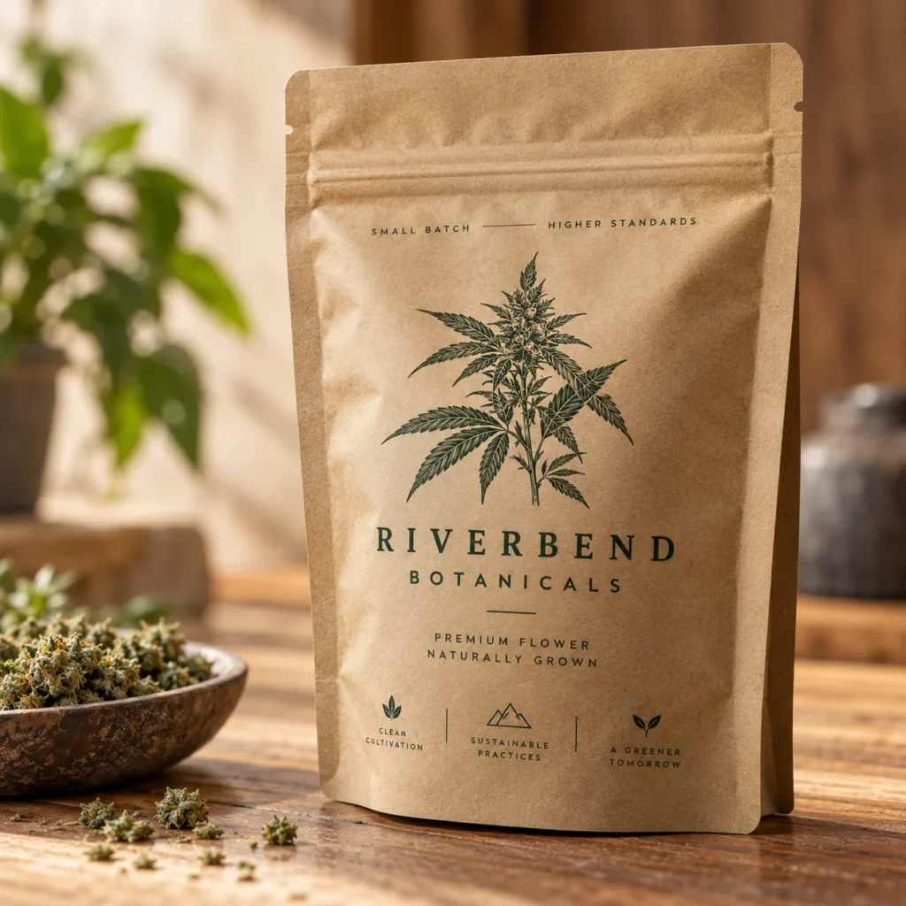 Kraft paper cannabis flower packaging bag for Riverbend Botanicals, premium small batch botanical branding on rustic wood surface
