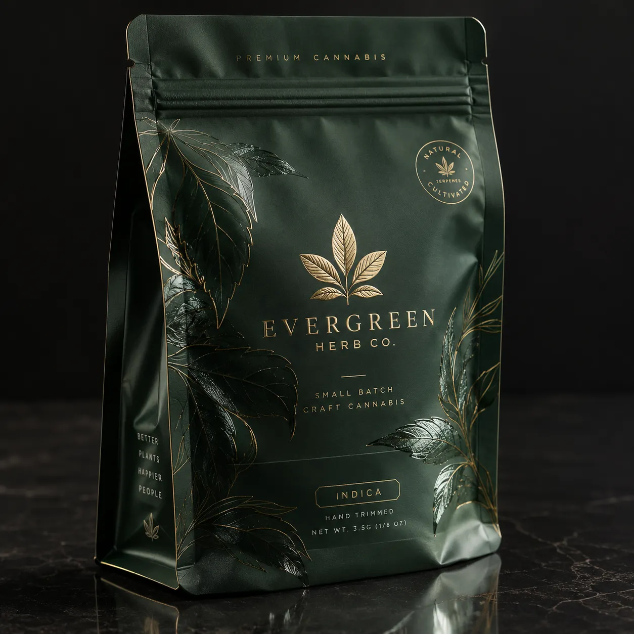 Dark green matte cannabis packaging bag with gold foil botanical design for Evergreen Herb Co. indica, 3.5g premium craft cannabis