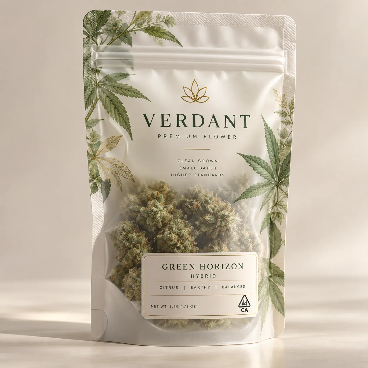 Verdant Premium Flower cannabis packaging, white mylar bag, Green Horizon hybrid strain, 3.5g, botanical leaf design, California compliant