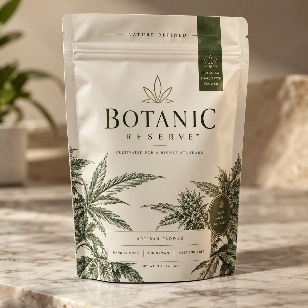 Premium white cannabis flower packaging bag Botanic Reserve brand, gold green design, marble surface, luxury dispensary pouch 3.5g