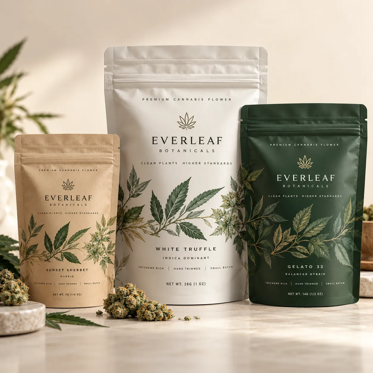 Three Everleaf Botanicals premium cannabis flower packaging bags in kraft, white, and dark green displaying Sunset Sherbet, White Truffle, and Gela...