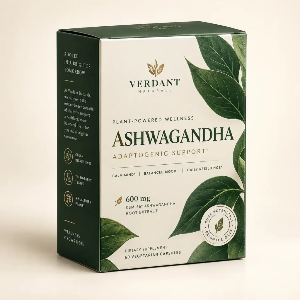 Verdant Naturals Ashwagandha 600mg KSM-66 supplement box, dark green and white packaging with botanical leaves, 60 vegetarian capsules