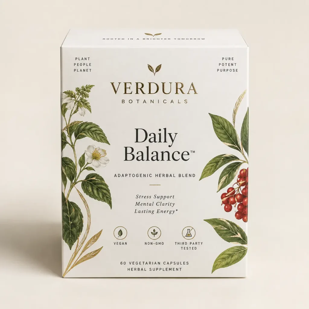 Verdura Botanicals Daily Balance adaptogenic herbal supplement box with botanical illustrations, white gold packaging, 60 vegan capsules