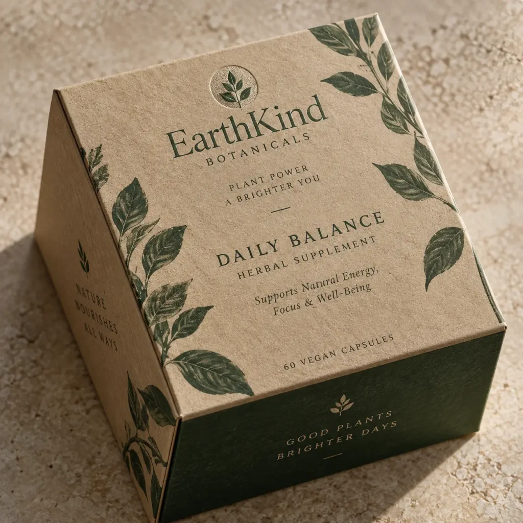 EarthKind Botanicals Daily Balance herbal supplement kraft box with dark green botanical leaf prints, 60 vegan capsules, eco packaging design
