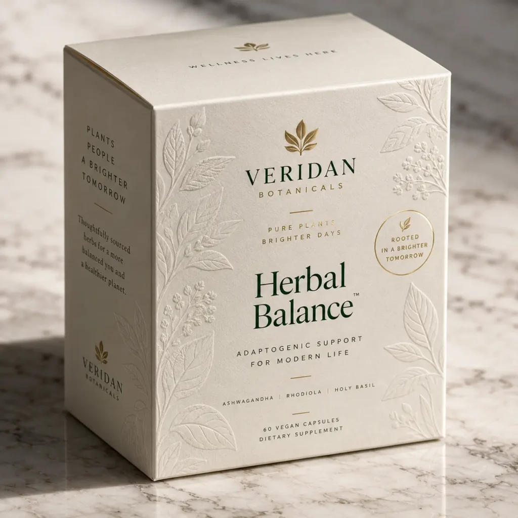 Veridan Botanicals Herbal Balance supplement box, cream white luxury packaging with gold botanical embossing on marble surface