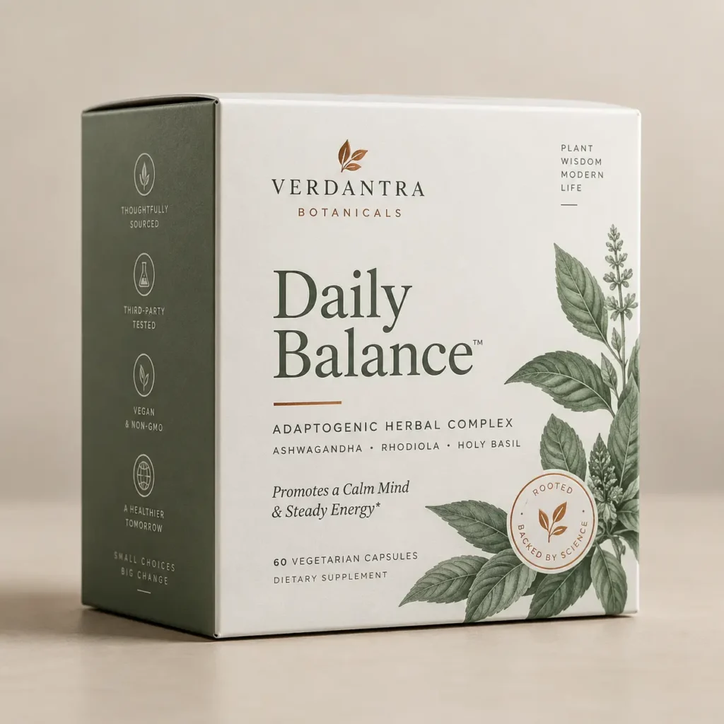 Verdantra Botanicals Daily Balance adaptogenic herbal supplement box, white and sage green packaging with botanical illustration