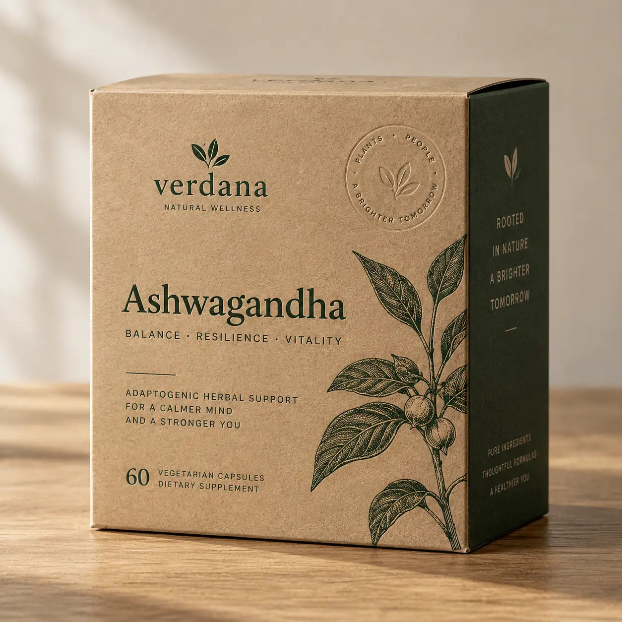 Verdana Natural Wellness Ashwagandha supplement box, kraft brown eco packaging, 60 vegetarian capsules, botanical illustration, wooden surface