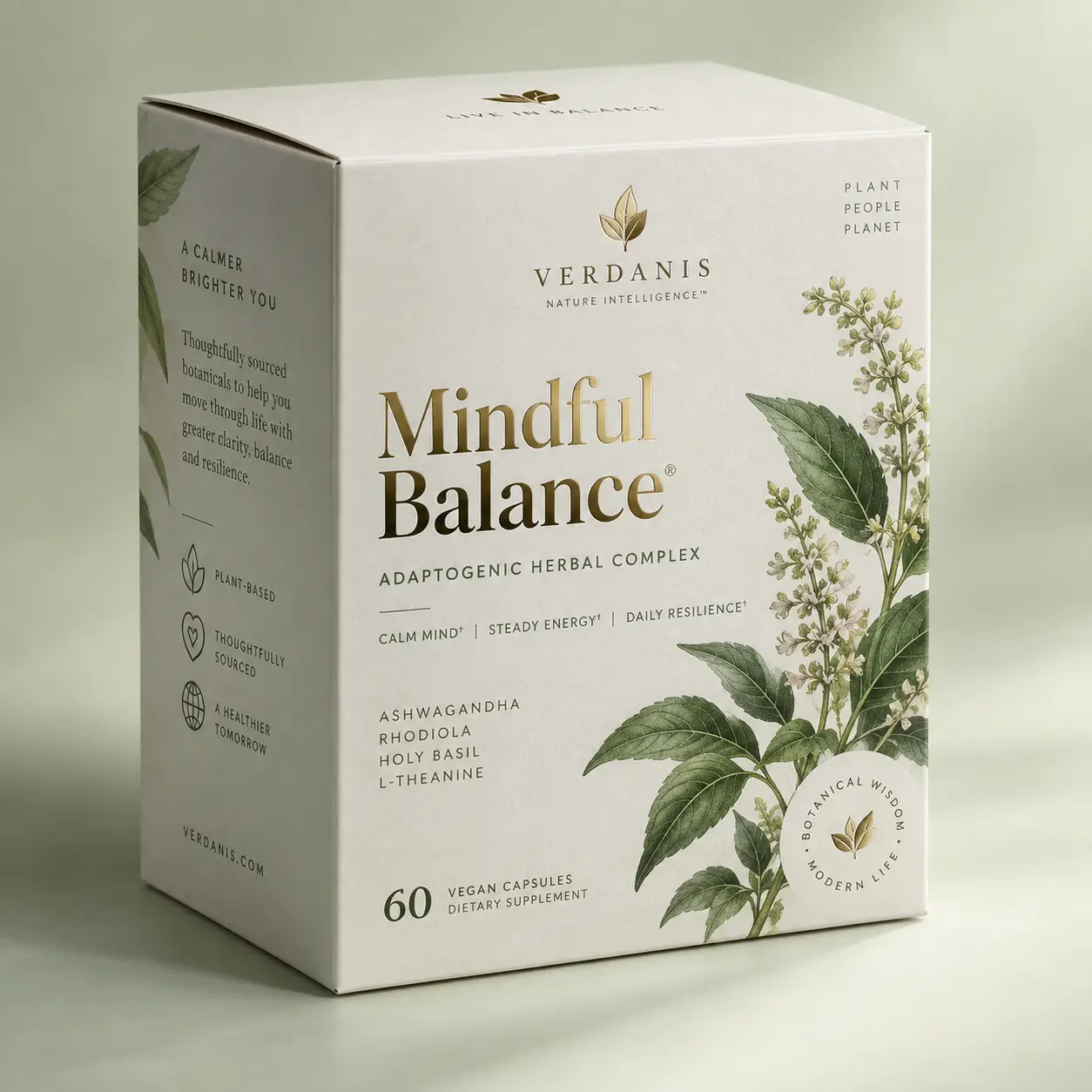 Verdanis Mindful Balance adaptogenic herbal supplement box, white and gold packaging with botanical illustration, 60 vegan capsules