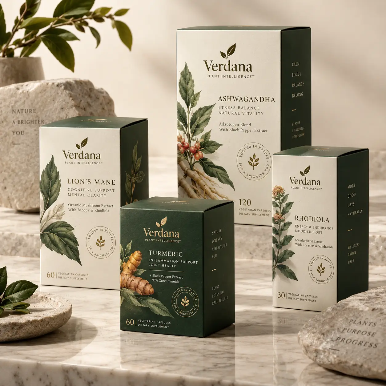 Verdana Plant Intelligence supplement boxes Lion's Mane Ashwagandha Turmeric Rhodiola elegant green white herbal packaging design