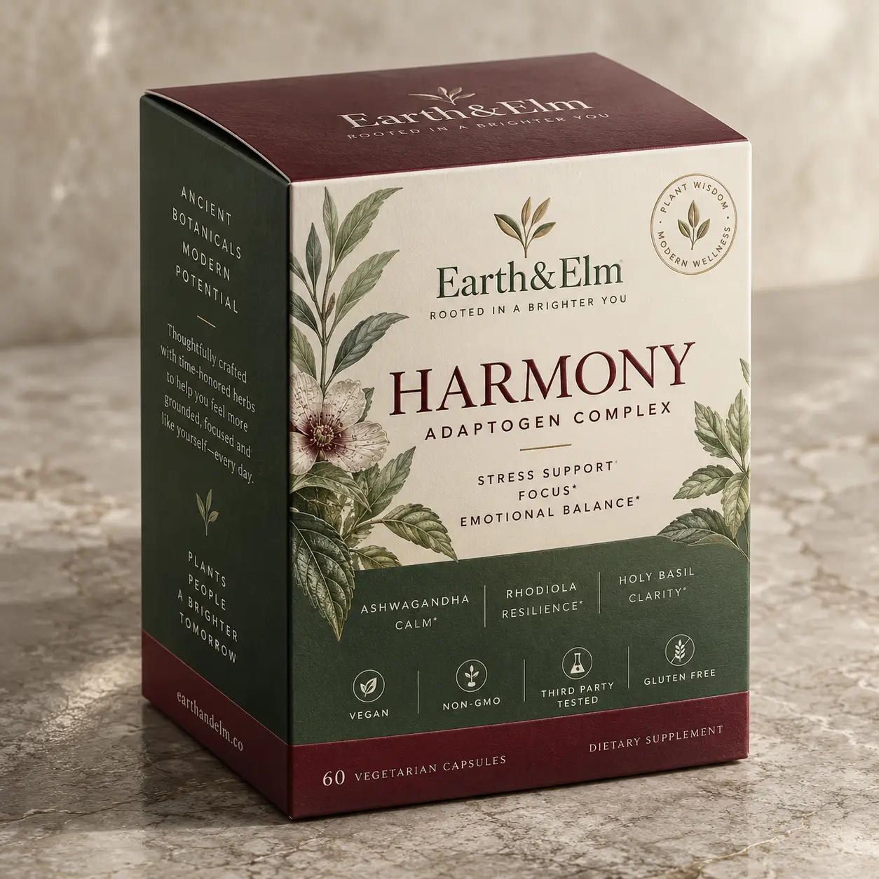 Earth & Elm Harmony Adaptogen Complex supplement box in dark green and burgundy with botanical illustrations, 60 vegan capsules
