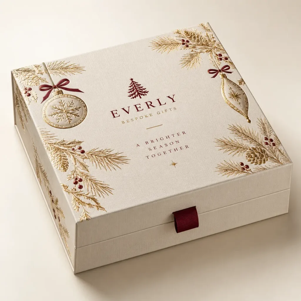 Luxury cream Christmas gift box with gold embossed pine branches, red berries, ornaments, and Everly Bespoke Gifts branding