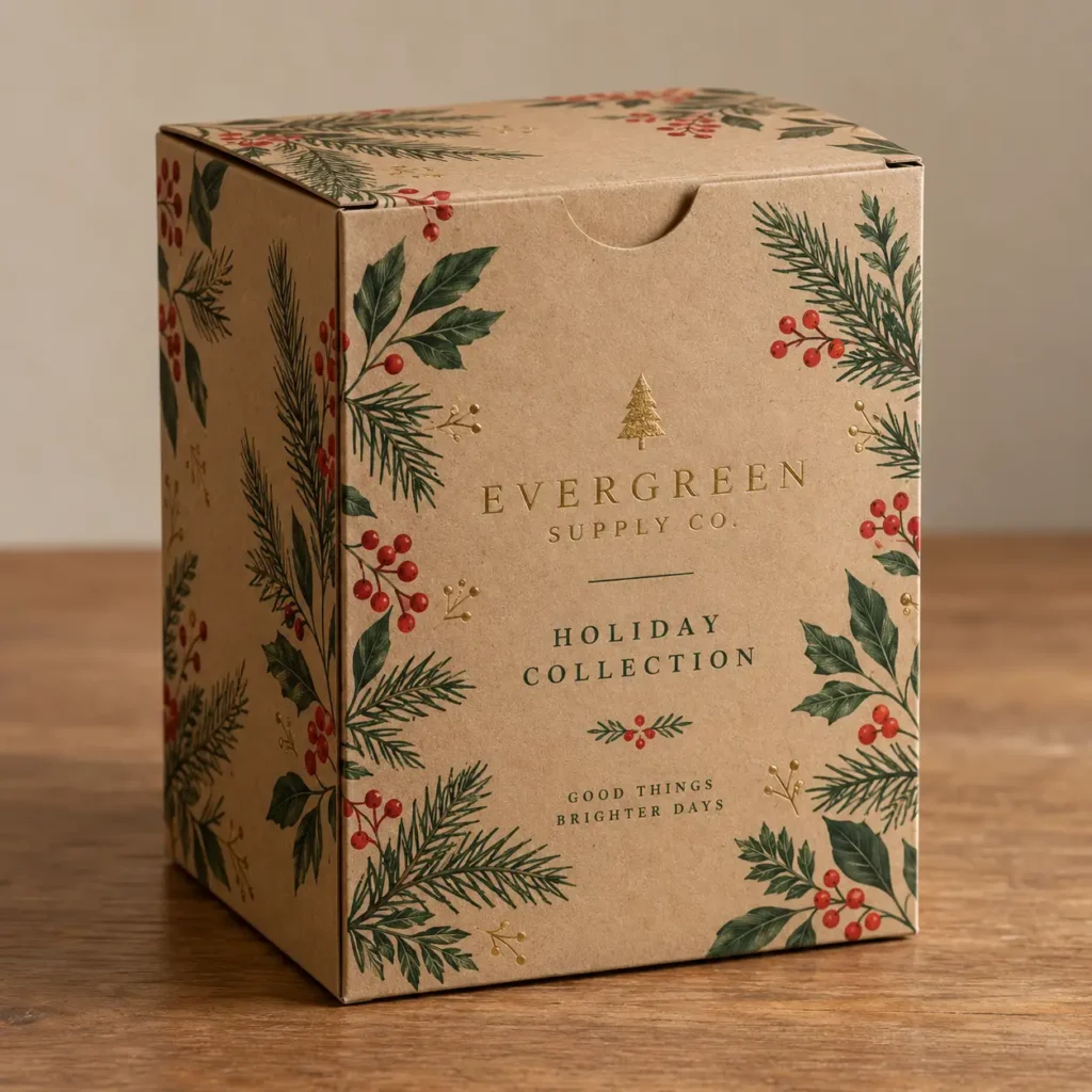 Kraft holiday gift box packaging with holly berries, pine branches, gold foil tree logo for Evergreen Supply Co. Holiday Collection
