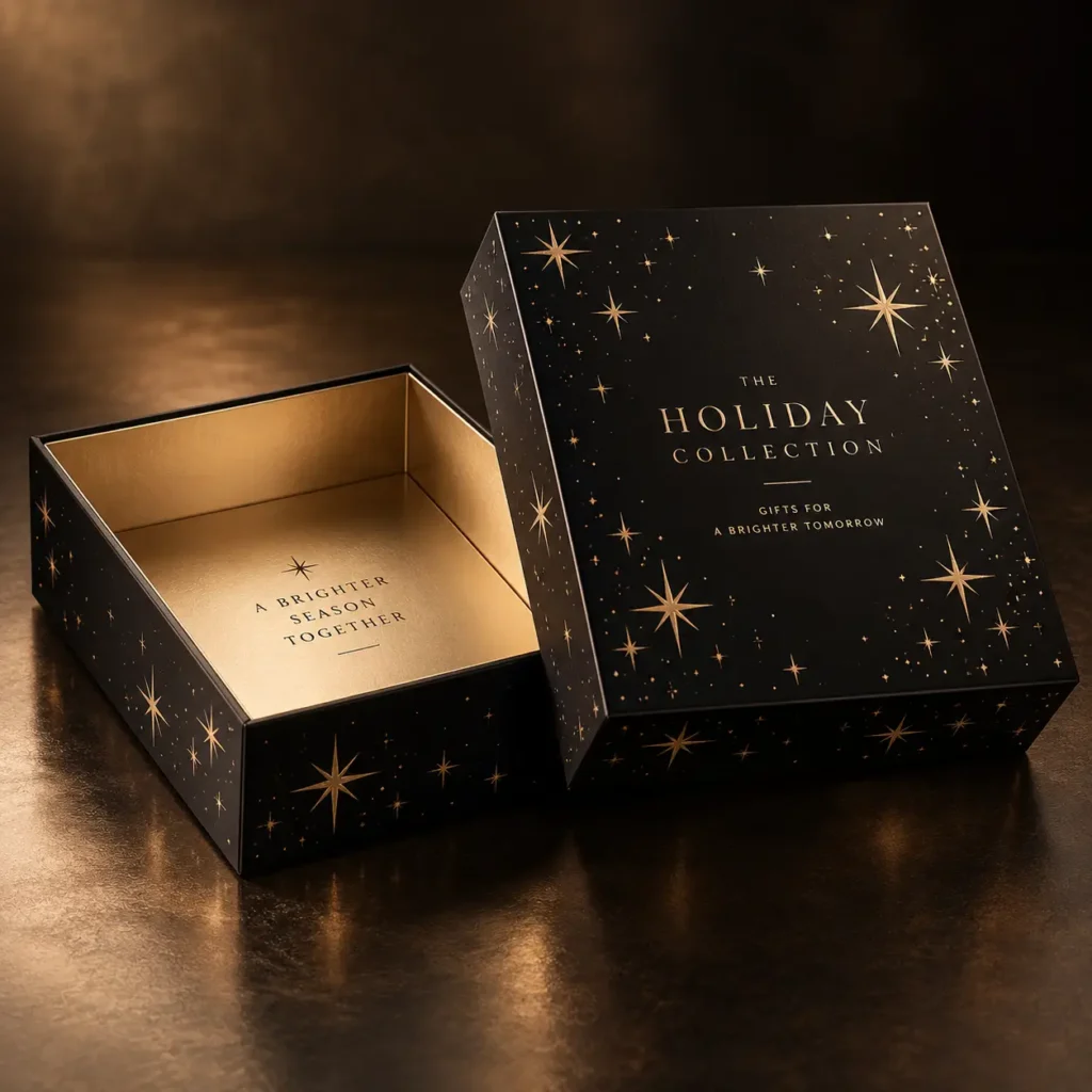 Luxury black gold holiday gift box packaging with star designs, The Holiday Collection branding, opened lid, elegant premium unboxing