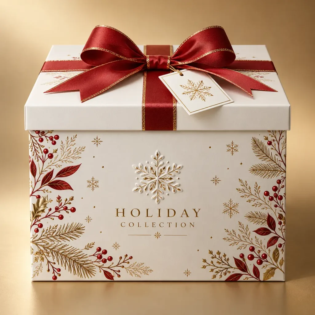 Luxury white holiday gift box with red gold ribbon bow, festive botanical prints, snowflake emboss, Holiday Collection branding