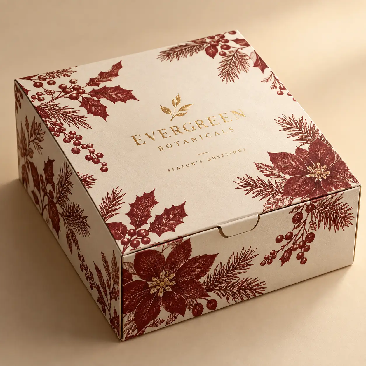 Evergreen Botanicals luxury holiday gift box with deep red poinsettia, holly berry botanical prints on cream custom packaging