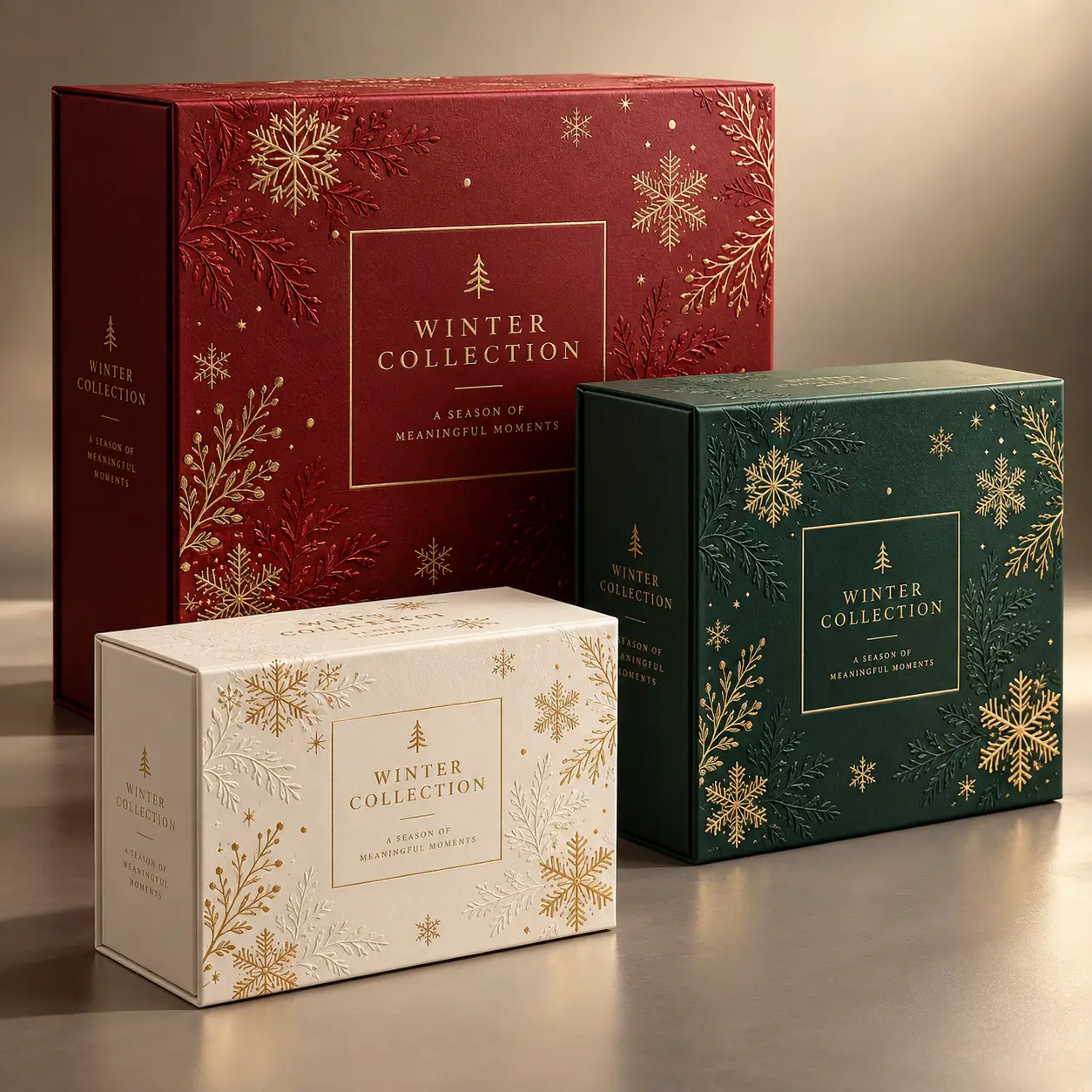 Luxury Winter Collection gift boxes in red, green, and white with gold snowflake embossing and elegant holiday packaging design