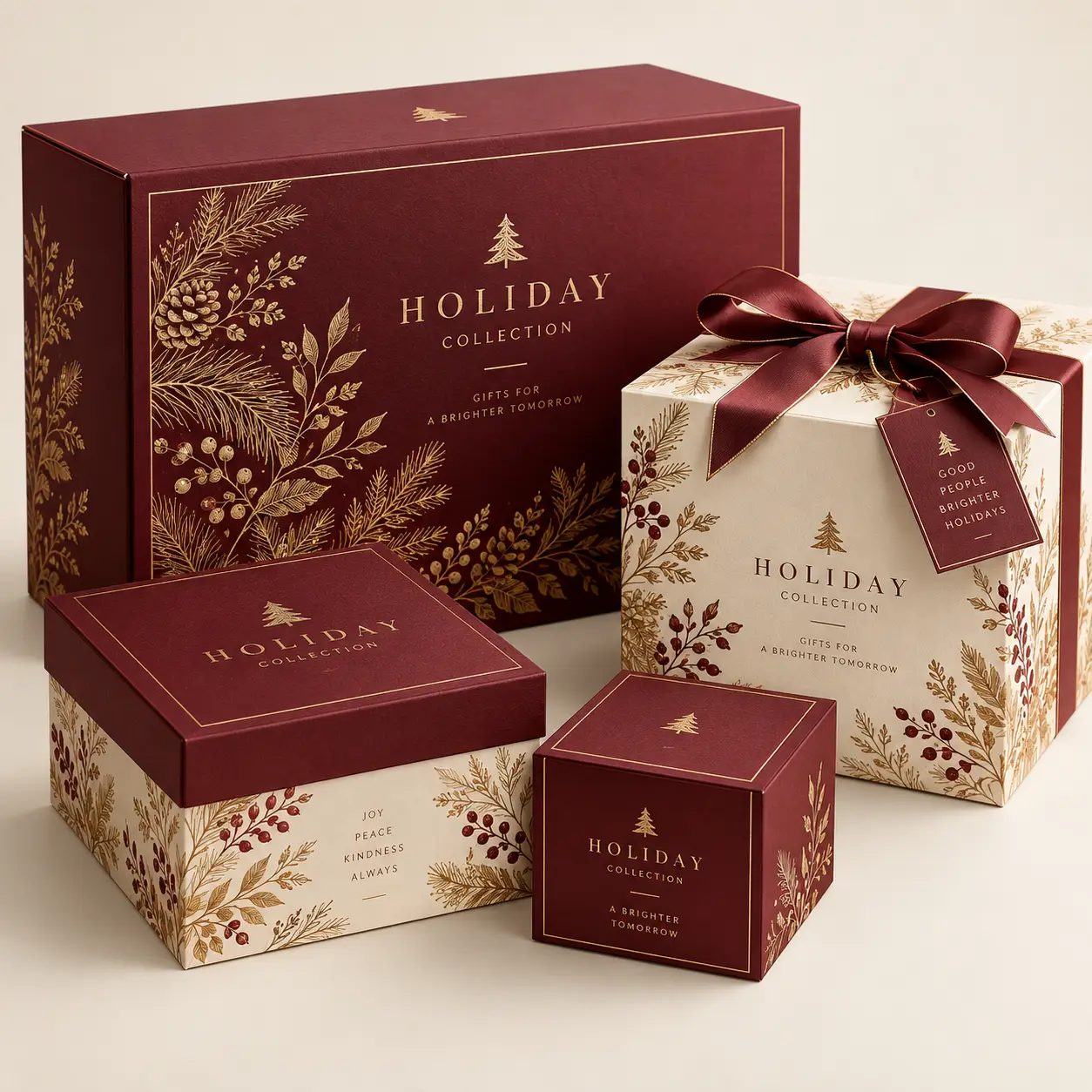 Elegant holiday gift boxes in burgundy and gold with botanical prints, bow ribbon, and Holiday Collection branding for luxury packaging