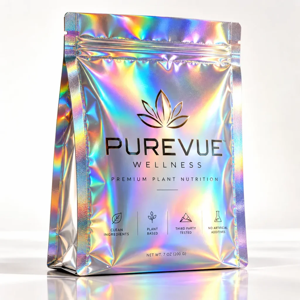 Holographic iridescent mylar pouch with gold lotus logo for Purevue Wellness Premium Plant Nutrition, 7oz resealable bag