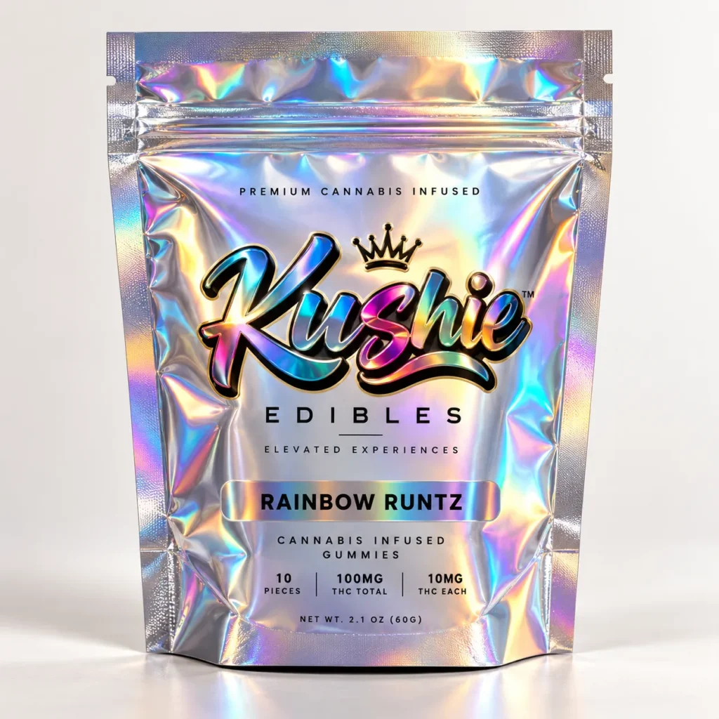 Holographic mylar bag Kushie Edibles Rainbow Runtz cannabis gummies 100mg THC custom cannabis packaging design silver iridescent pouch