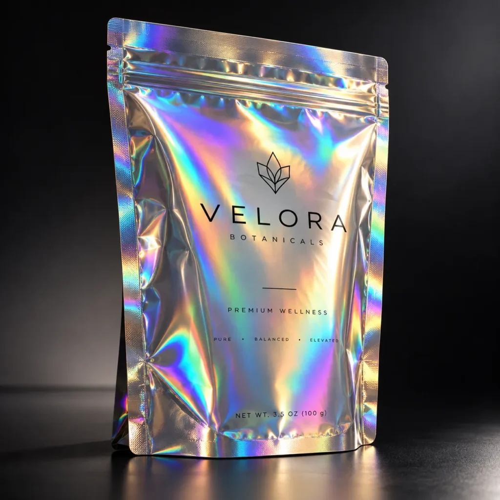 Holographic silver mylar stand-up pouch packaging for Velora Botanicals Premium Wellness, 100g resealable zip bag with iridescent rainbow foil finish