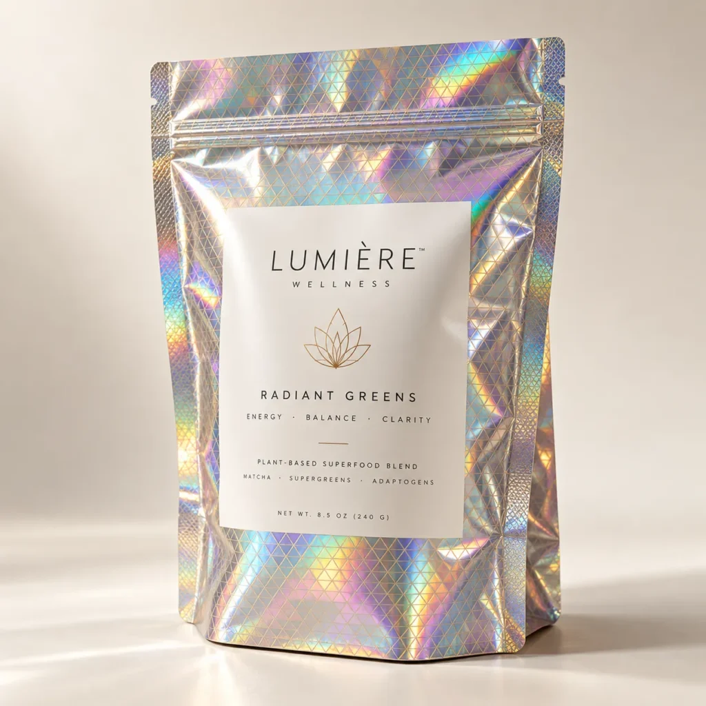 Lumière Wellness Radiant Greens holographic silver mylar pouch with white label, gold lotus logo, superfood blend packaging design
