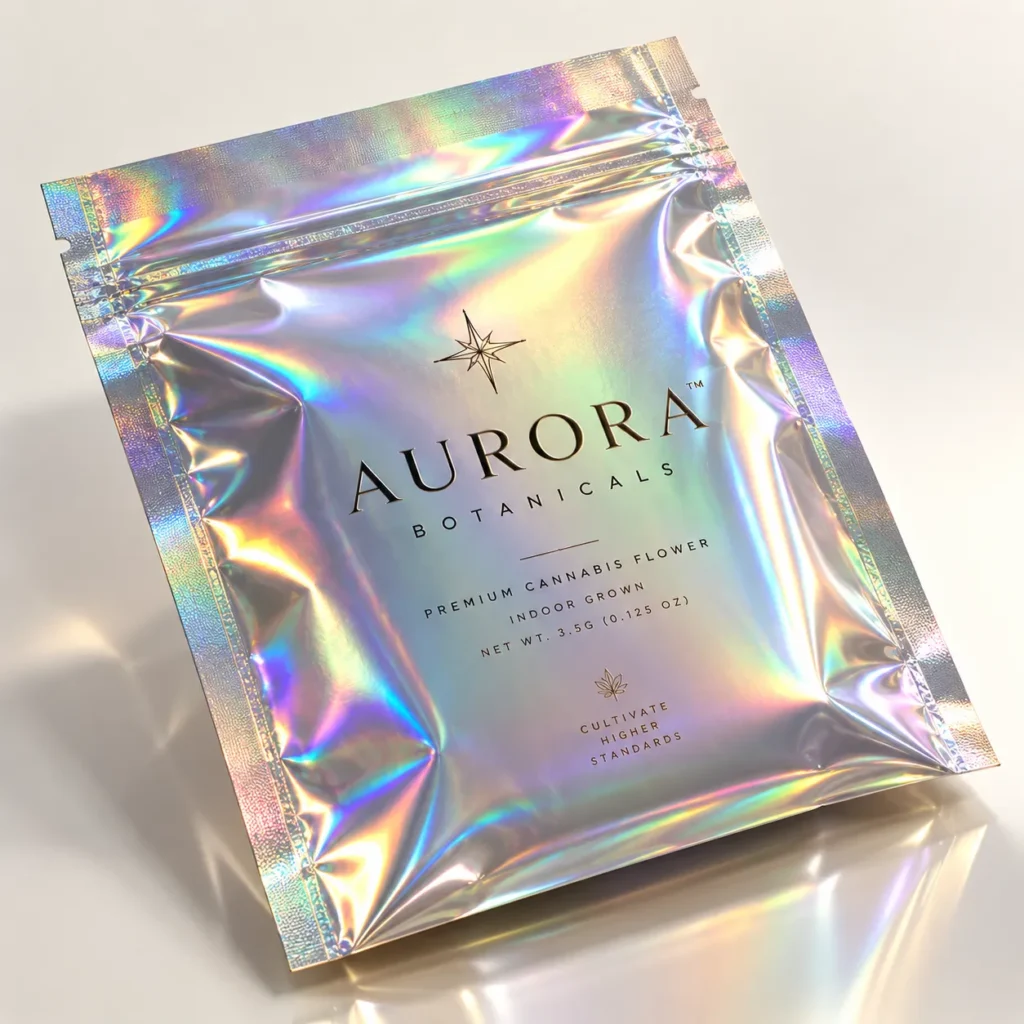 Holographic iridescent cannabis mylar bag packaging for Aurora Botanicals 3.5g premium flower, luxury custom pouch design