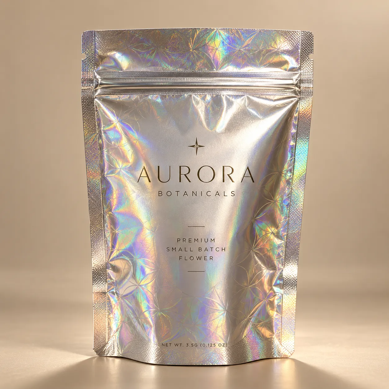 Holographic silver mylar pouch Aurora Botanicals premium small batch flower 3.5g cannabis packaging design