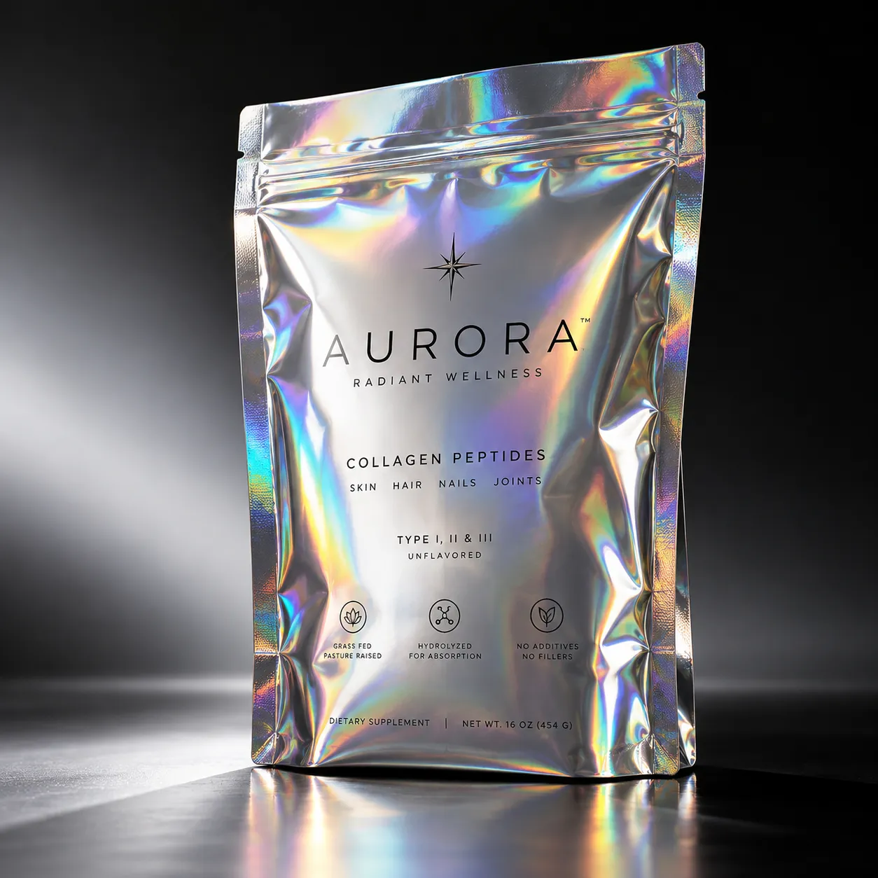 Holographic silver mylar pouch Aurora Radiant Wellness Collagen Peptides supplement packaging, iridescent rainbow foil stand-up bag design