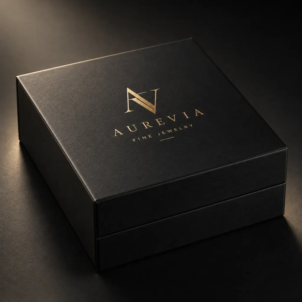 Luxury black jewelry gift box with gold foil Aurevia Fine Jewelry logo, elegant custom packaging on dark background