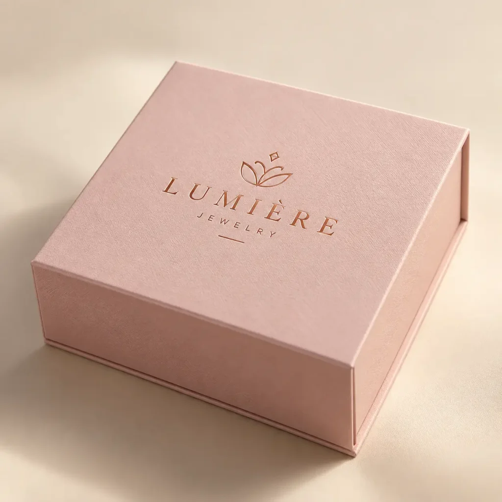 Elegant blush pink Lumière Jewelry gift box with rose gold foil logo, luxury magnetic closure packaging on cream background