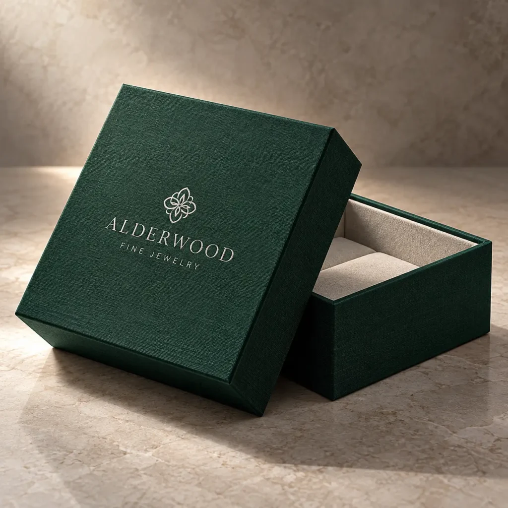 Luxury dark green linen jewelry box with silver Alderwood Fine Jewelry logo, cream velvet interior, elegant custom packaging