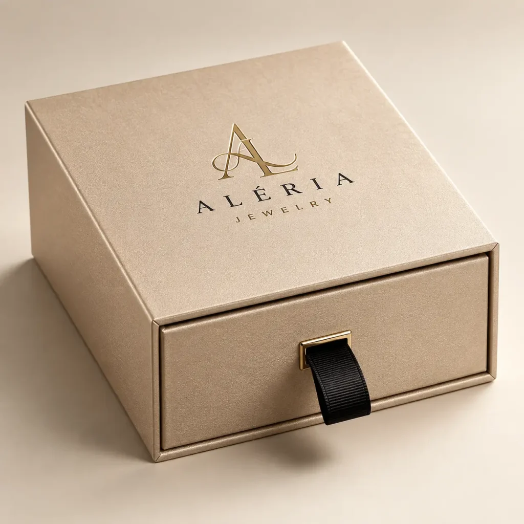 Aléria Jewelry luxury gold drawer gift box with black grosgrain ribbon pull and gold monogram logo