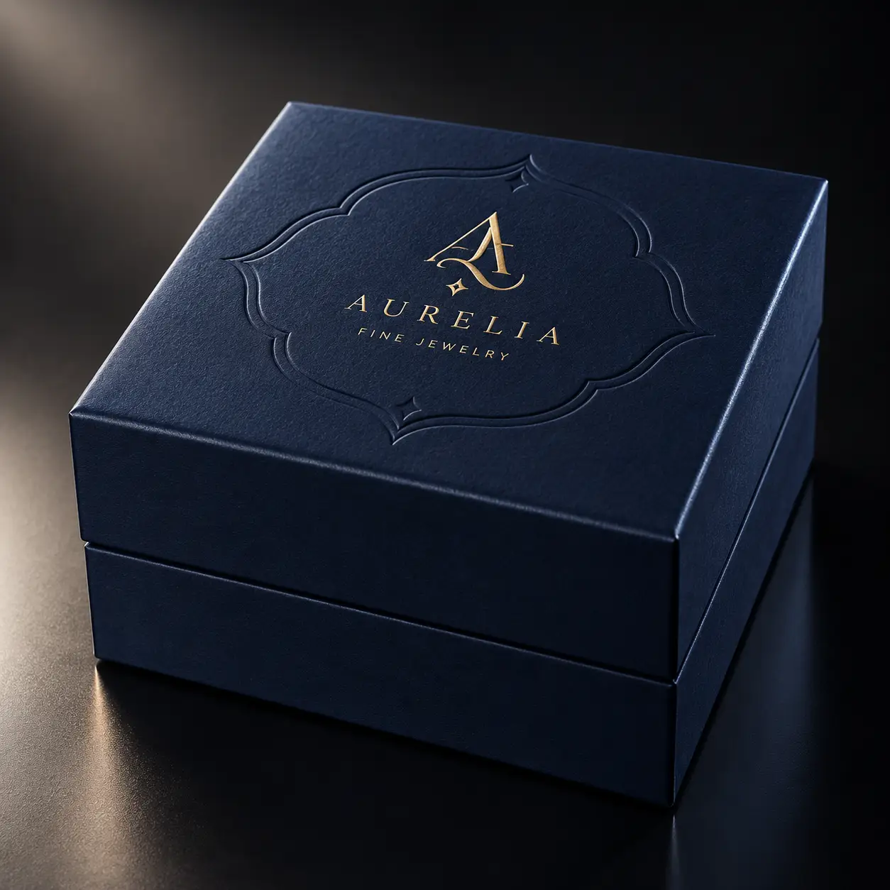 Luxury navy blue jewelry box with gold foil Aurelia Fine Jewelry logo, embossed decorative frame, premium rigid packaging on dark surface