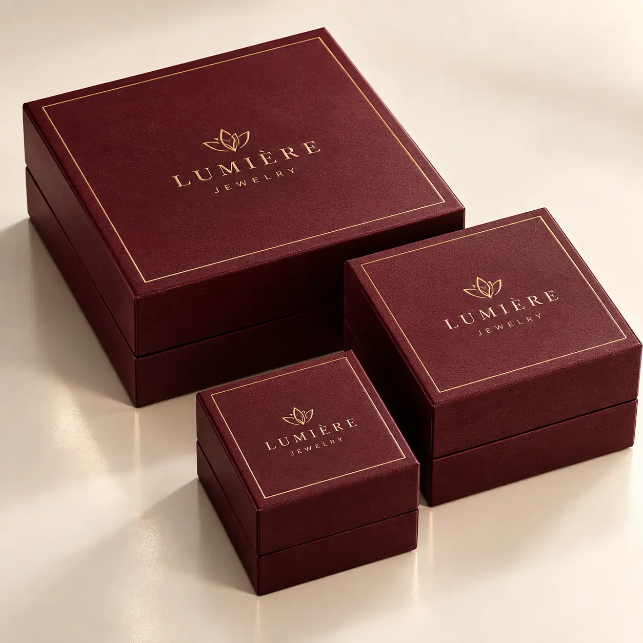 Three burgundy gold-foil Lumière Jewelry luxury gift boxes in graduating sizes on cream background