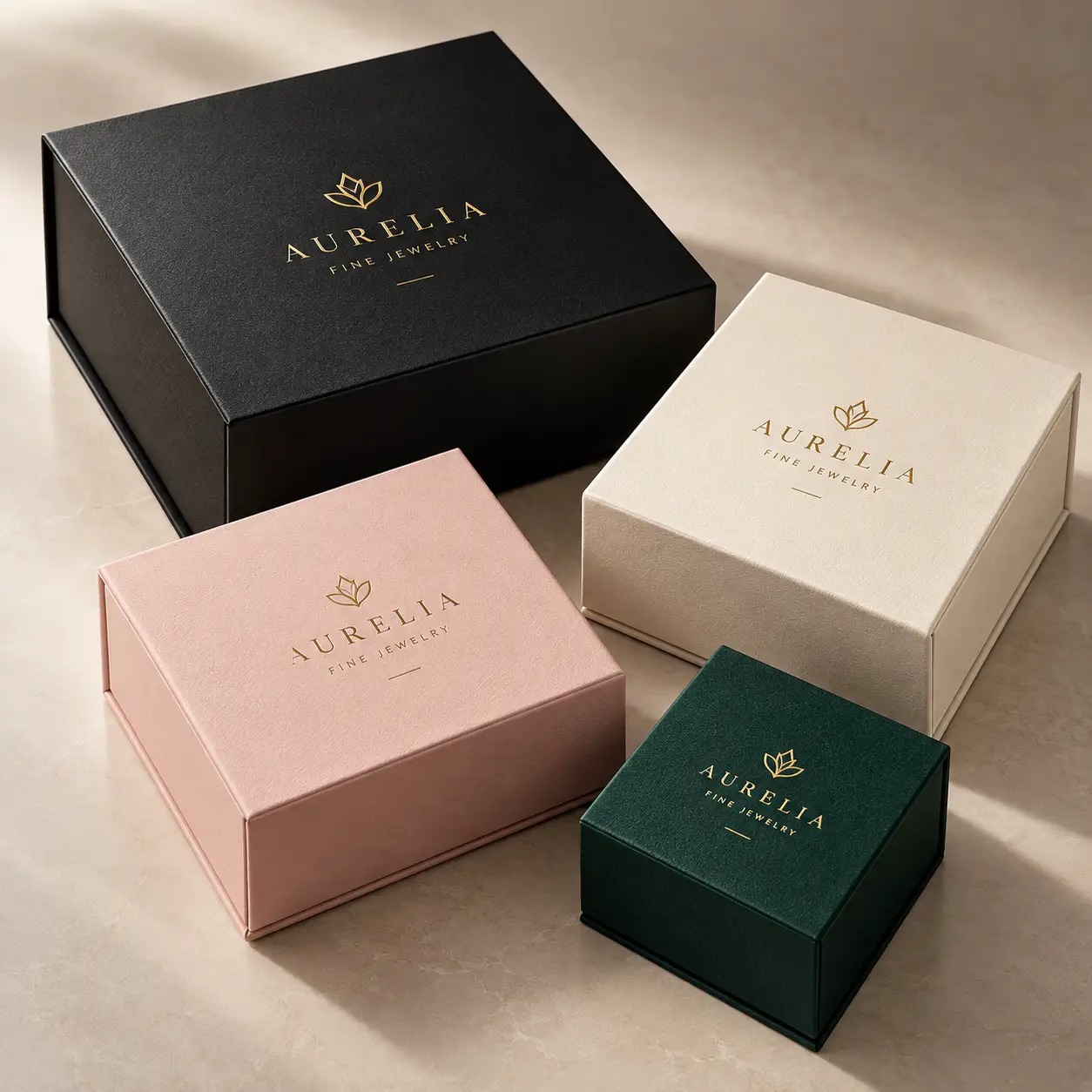 Four luxury Aurelia Fine Jewelry gift boxes in black, blush pink, cream, and dark green with gold foil logos on marble surface