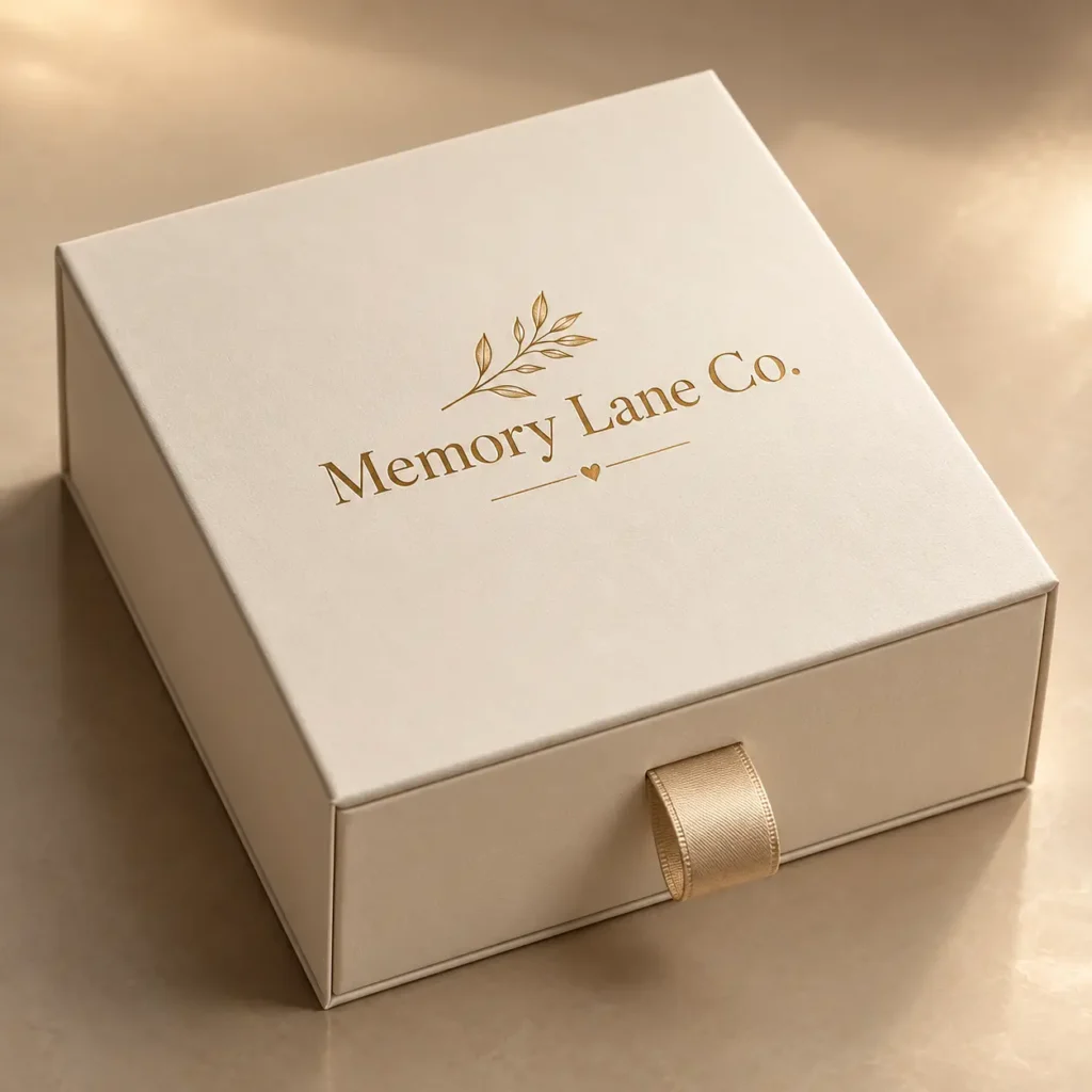 Elegant cream luxury gift box with gold foil Memory Lane Co. logo and satin ribbon pull, custom premium packaging by The Packaging Masters