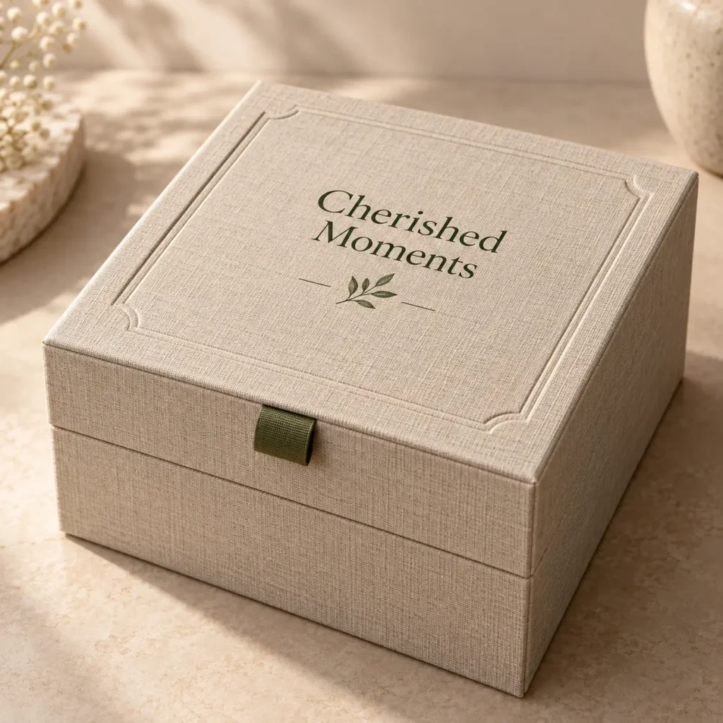 Beige linen memory keepsake box with green leaf emblem and Cherished Moments text, elegant gift packaging by The Packaging Masters